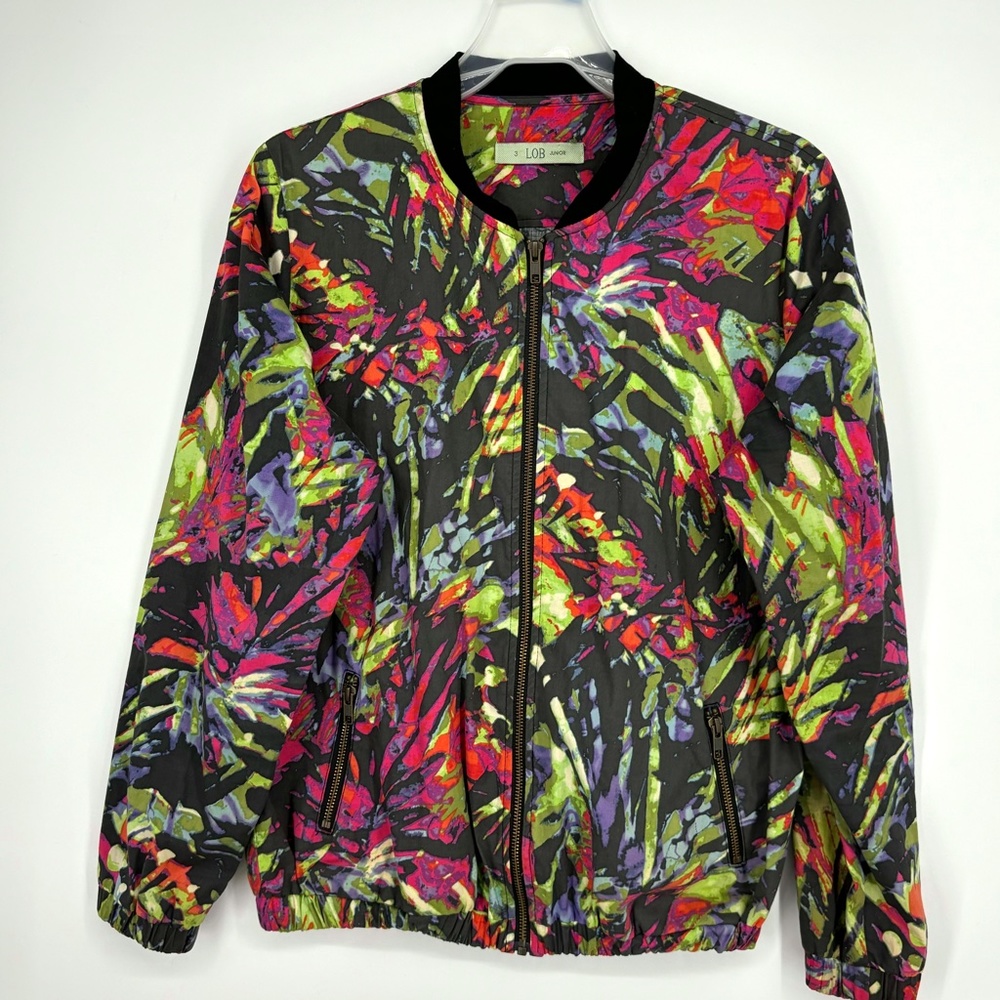 Lob Juniors Large Lightweight Bomber Jacket Gray Multi Color Tropical Print LS